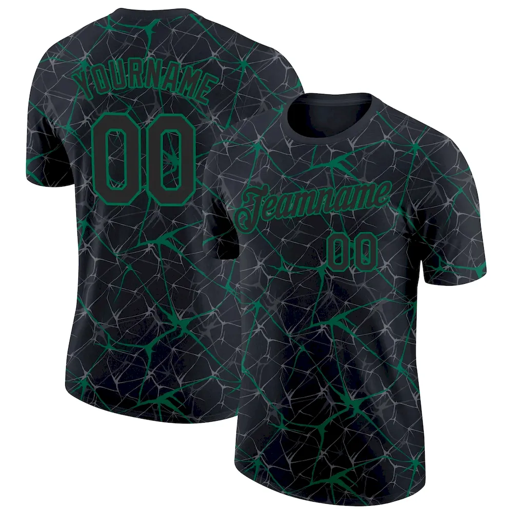 3DPattern4046.webp Custom Black Kelly Green 3D Pattern Design Abstract Network Performance T-Shirt - Image 1