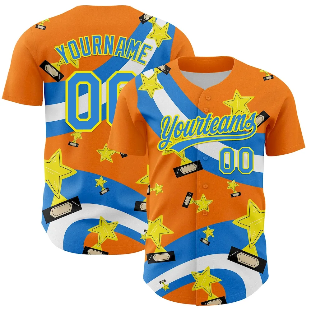3DPattern5124.webp Custom Bay Orange Electric Blue-Light Yellow 3D Pattern Design Champion Trophy Authentic Baseball Jersey - Image 1