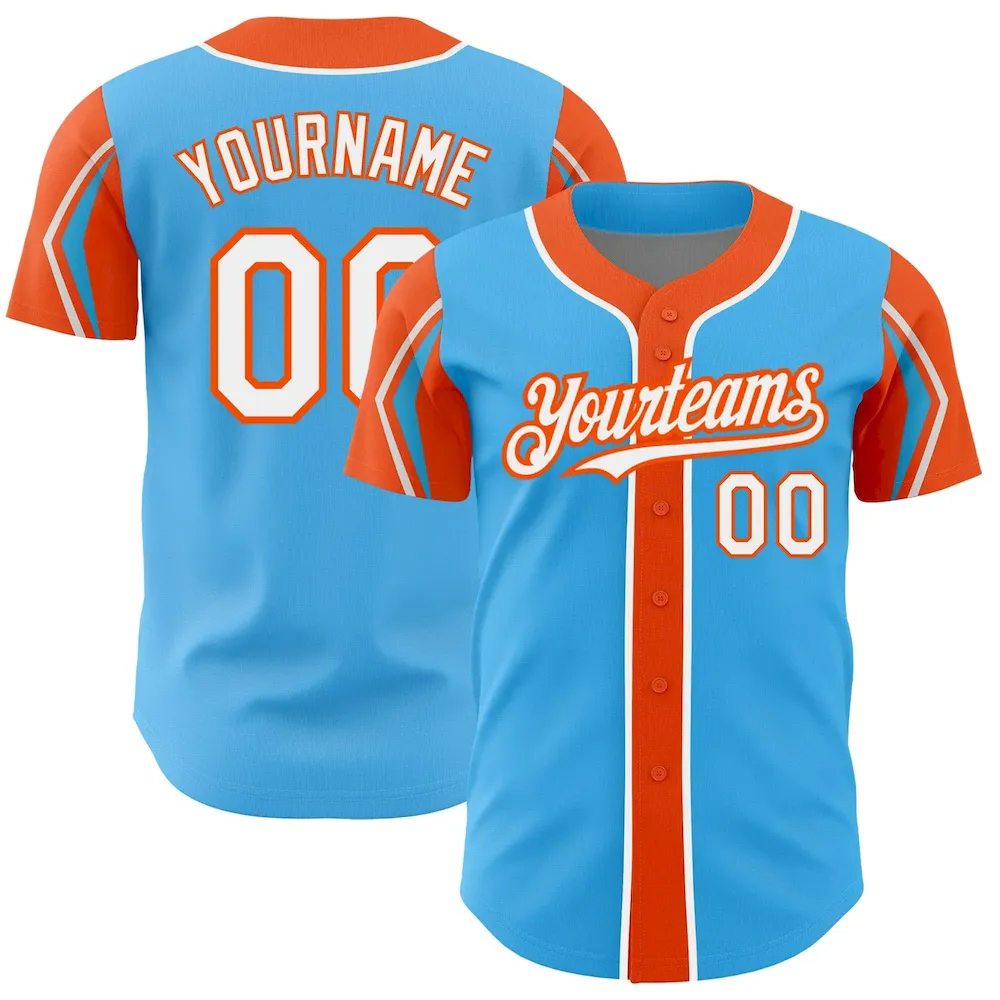 ArmShapes0294.webp Custom Sky Blue White-Orange 3 Colors Arm Shapes Authentic Baseball Jersey - Image 1