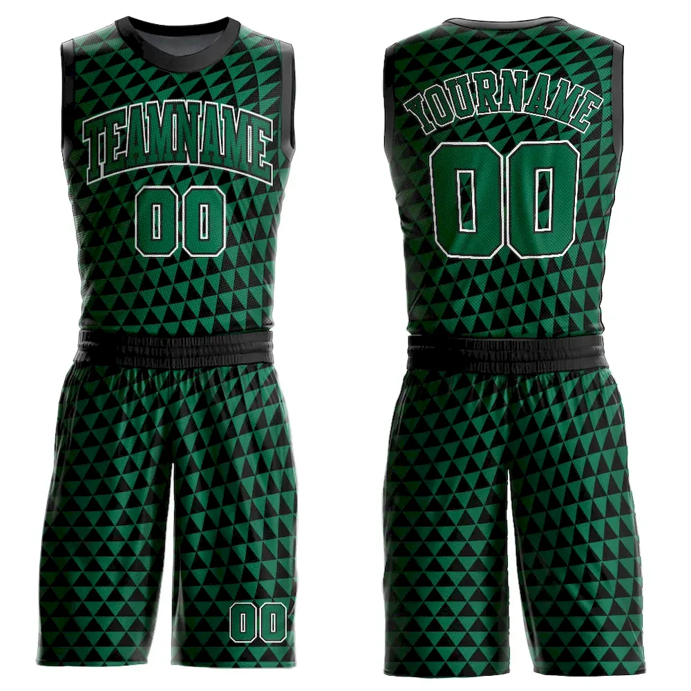 BSuit0127.webp Custom Kelly Green White-Black Triangle Shapes Round Neck Sublimation Basketball Suit Jersey - Image 1