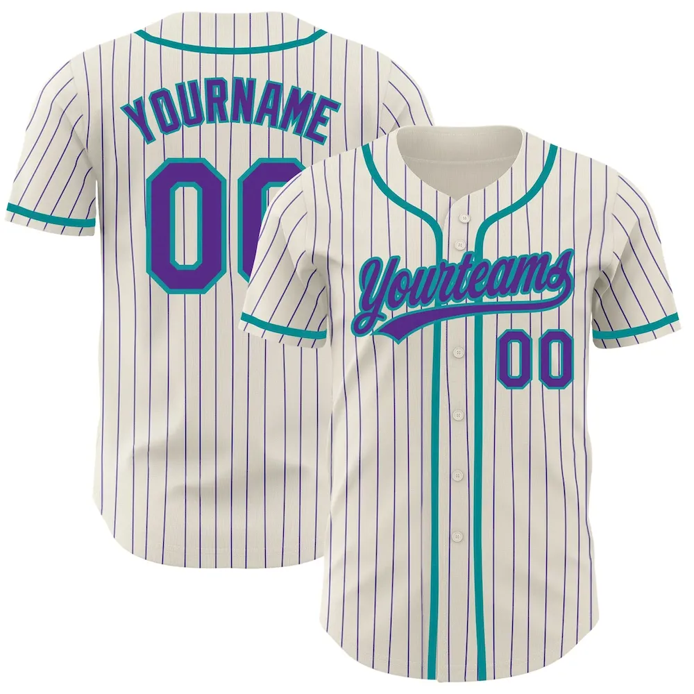 Cream0462.webp Custom Cream Purple Pinstripe Teal Authentic Baseball Jersey - Image 1