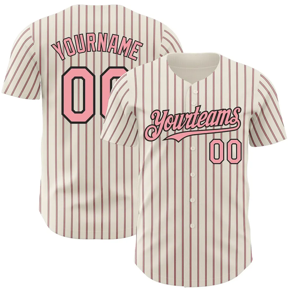 Cream0761.webp Custom Cream (Black Medium Pink Pinstripe) Medium Pink-Black Authentic Baseball Jersey - Image 1