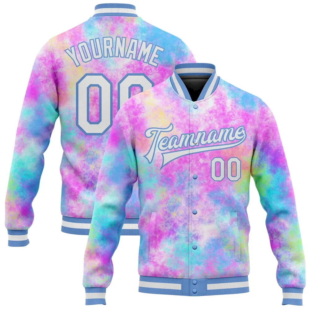 Jacket0382_0e3f02c0-7cbd-4a32-9f94-9758b33111c2.webp Custom Tie Dye White-Light Blue Rainbow 3D Bomber Full-Snap Varsity Letterman Jacket - Image 1