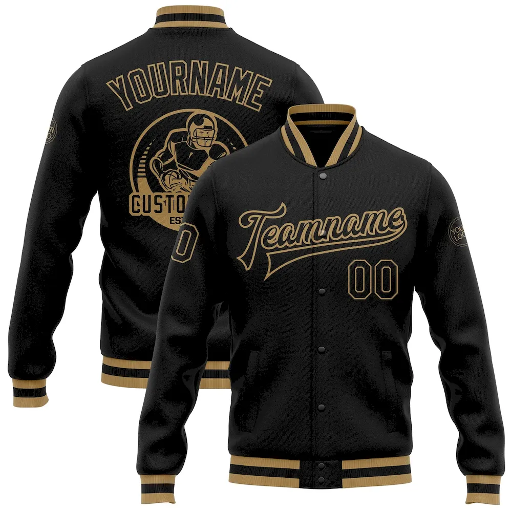 Jacket0531.webp Custom Black Black-Old Gold Bomber Full-Snap Varsity Letterman Jacket - Image 1