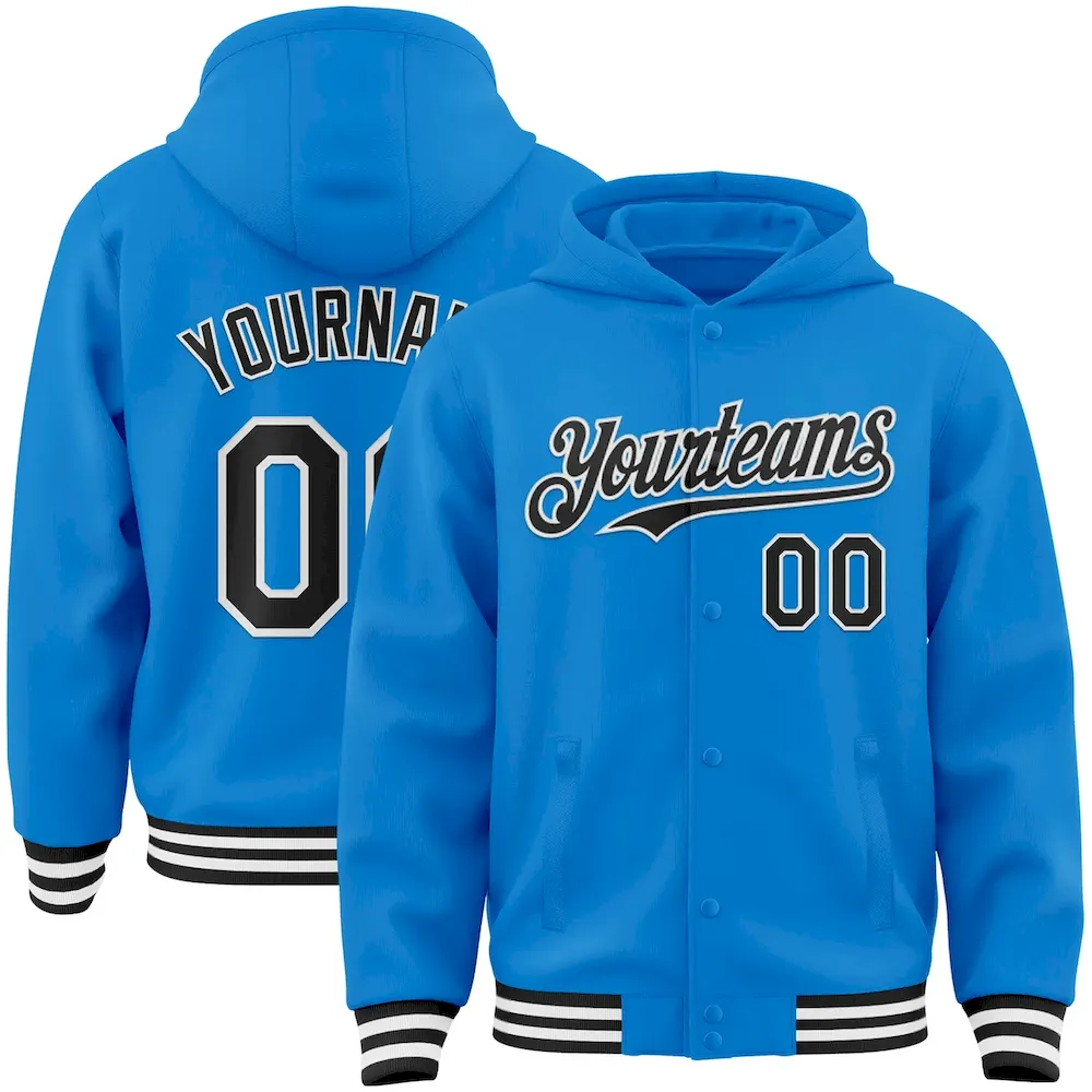 Jacket4650.webp Custom Powder Blue Black-White Bomber Full-Snap Varsity Letterman Hoodie Jacket - Image 1