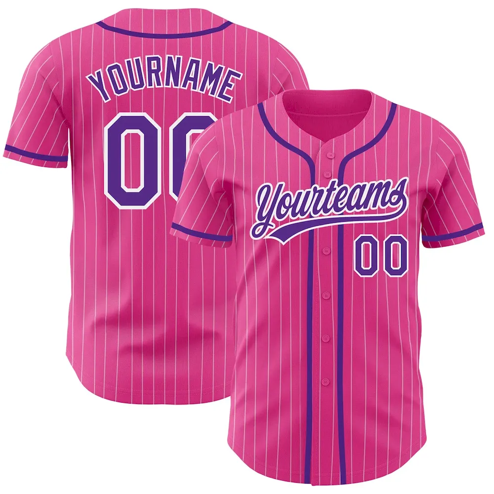 Pink0250.webp Custom Pink White Pinstripe Purple Authentic Baseball Jersey - Image 1