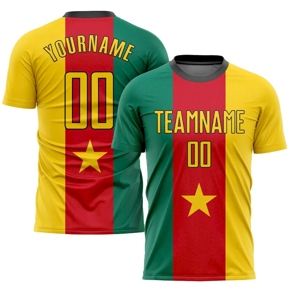Soccer0378_3aa08806-e941-4f7b-a7be-1c87577e5e7b.webp Custom Kelly Green Gold Red-Black Sublimation Cameroonian Flag Soccer Uniform Jersey - Image 1