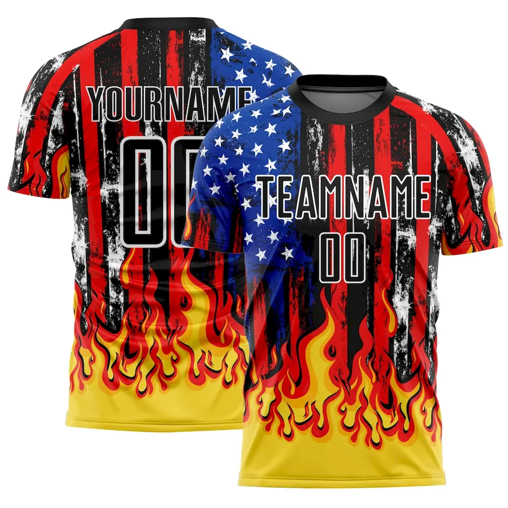 Soccer1957.webp Custom Black Red Royal-Gold American Flag Flame Sublimation Soccer Uniform Jersey - Image 1