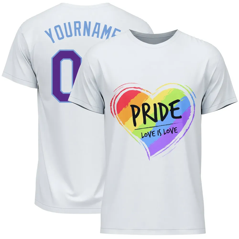 White1013.webp Custom White Purple-Light Blue Rainbow Colored Heart For Pride Love Is Love LGBT Performance T-Shirt - Image 1